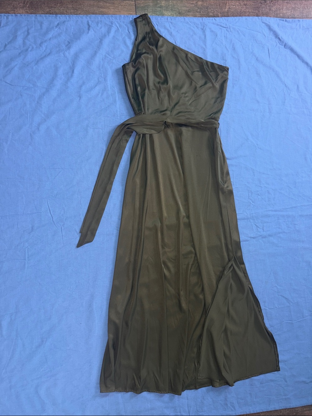 Nicole Miller Olive One-Shoulder Satin Maxi with Waist Tie Size 8